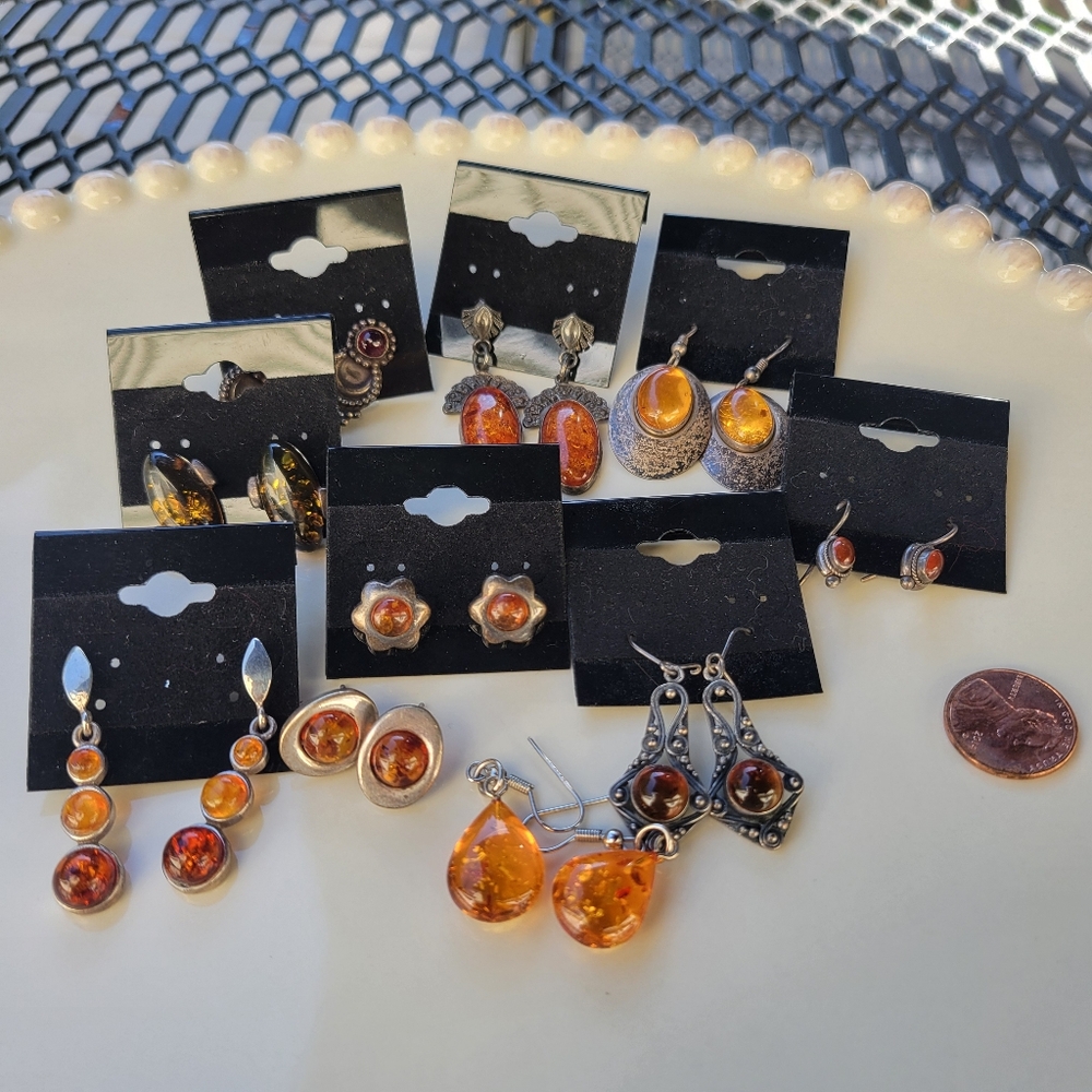 9 Pairs Sterling Vintage Amber Earrings Lot Bundle Estate Set - Picture 2 of 12